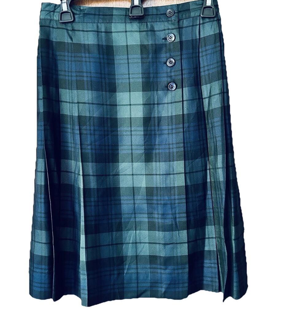 Jones NY Women’s Black Green Blue Tartan Plaid Preppy Pleated 100% Silk Skirt 6